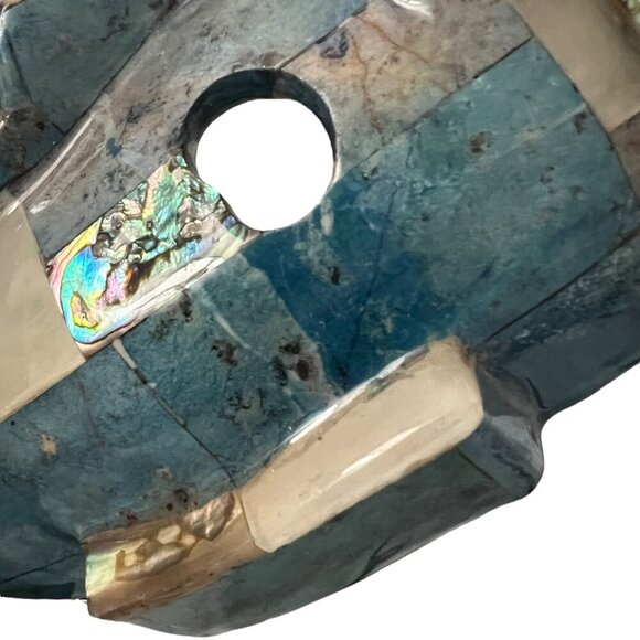 Vintage Mayan‎ Turquoise & Abalone Mosaic Death Mask On Black Stone Base - Picture 6 of 15